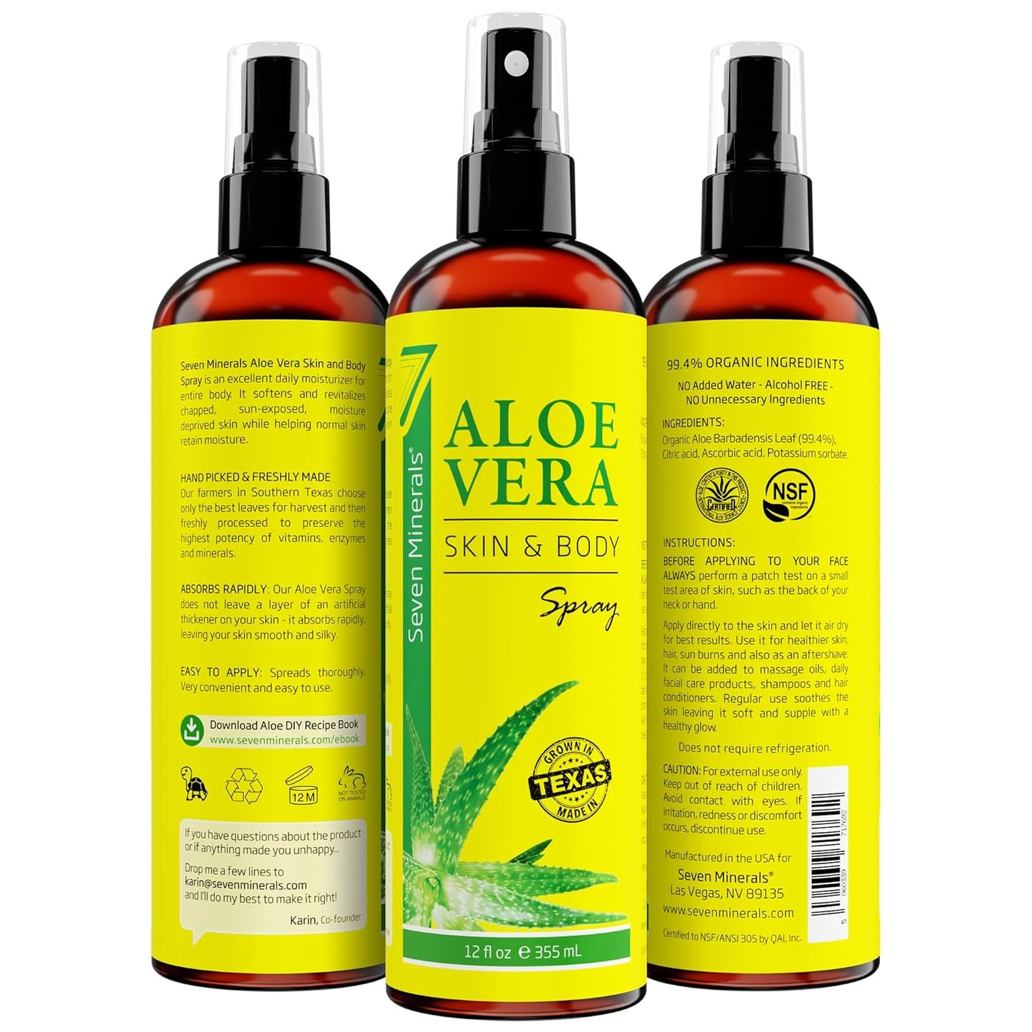 Seven Minerals Organic Aloe Vera Spray - Extra Strong, Rapid Absorption, No Sticky Residue | 12 fl oz Made in USA