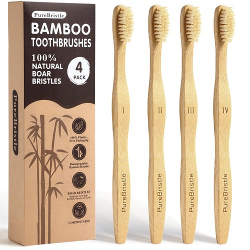 PureBristle Boar Bristle Bamboo Toothbrushes 4-Pack, 100% Biodegradable Plastic Nylon Free, Eco-Friendly Manual Toothbrushes for Adults & Kids, Medium Firmness