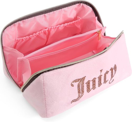 Juicy Couture Makeup Bag - Pink & Brown Velour Organizer with Rhinestone Handle | Travel Essentials