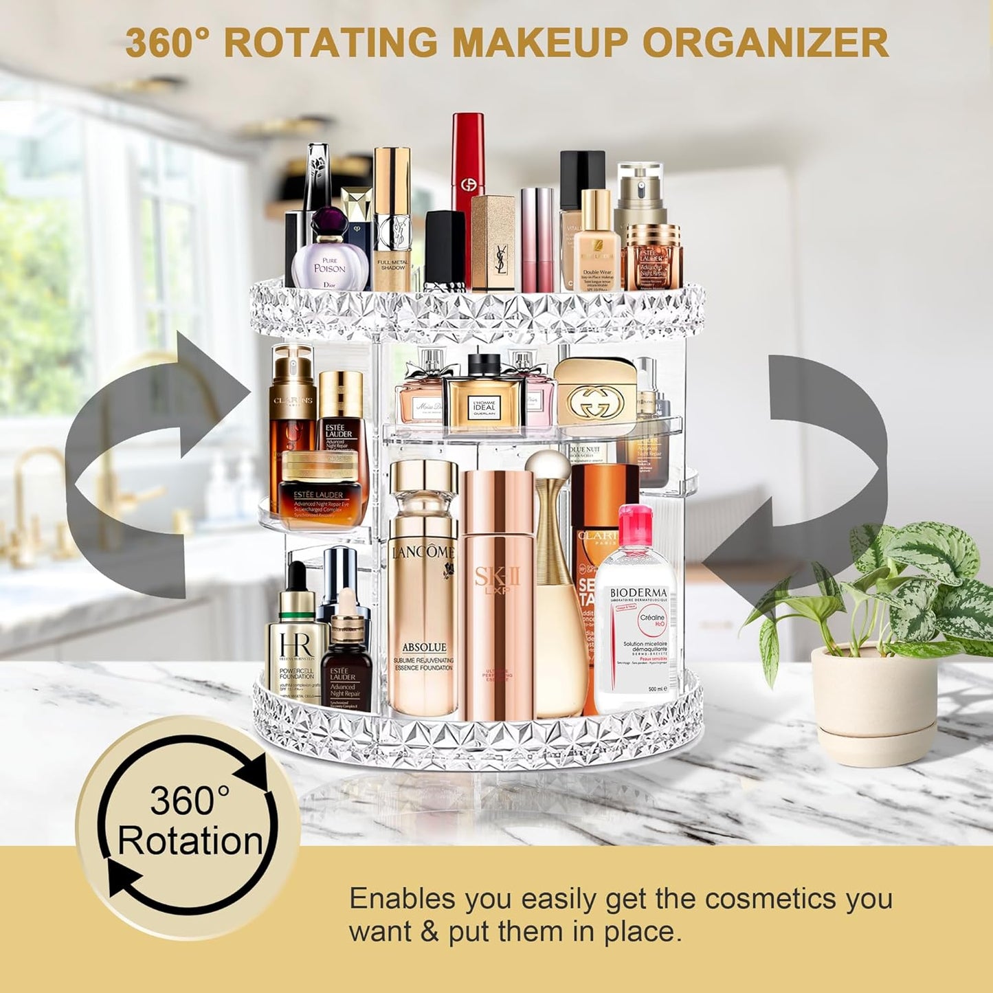 Rotating Makeup Organizer Clear Makeup Organizer with Lipstick Organizer, Large Capacity Makeup Organizer for Vanity 360 Spinning Perfume Organizer, 6-Layer Adjustable Makeup Organizers