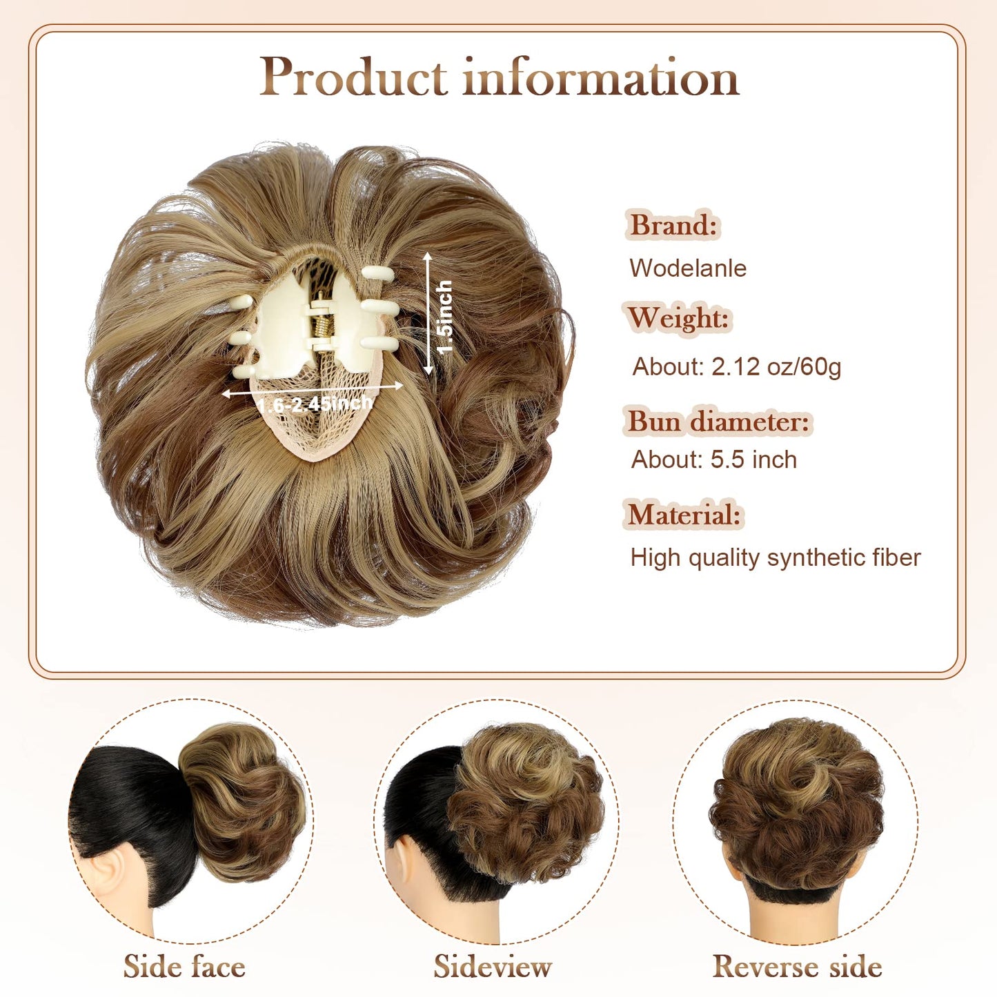 Wodelanle Claw Clip Messy Bun Hair Piece Wavy Hair Bun Curly Messy Bun Hair Piece Synthetic Tousled Updo Hair Extensions Ponytail Scrunchies Hairpieces for Women,Light Brown Mix Ash Blonde