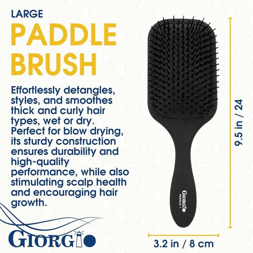 Giorgio Detangling Paddle Brush - Large Air Cushion Brush with Tourmaline Bristles - Anti-Static Hair Tool for All Hair Types - Black