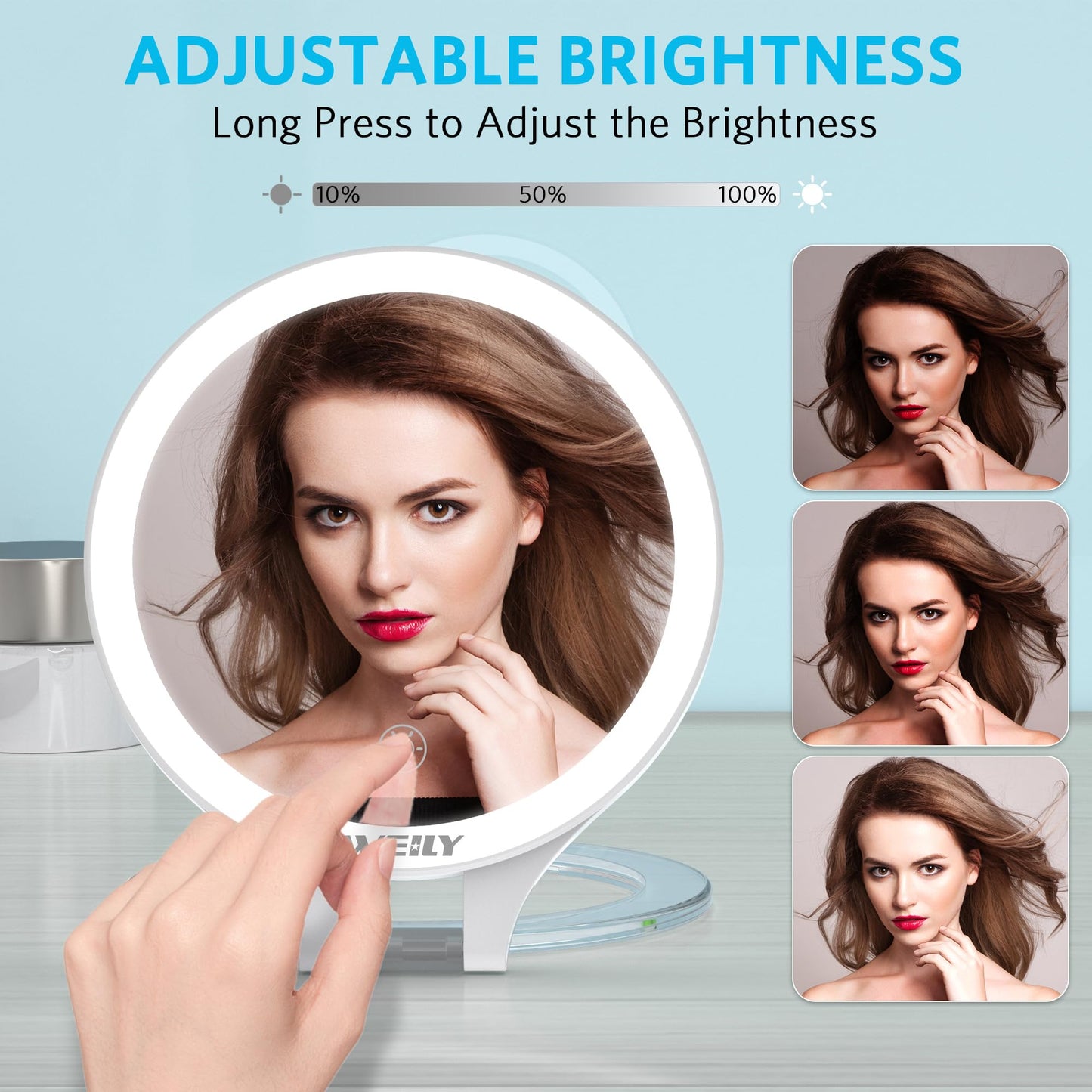 WEILY Magnifying Mirror with Light, 10X/1X Magnification Double-Sided Travel Makeup Mirror, with 3 Color Lights, Touch Control, Rechargeable Portable Mirror for Bedroom, Bathroom (White)
