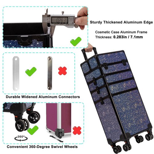 AROUS Rolling Makeup Train Case Large Storage Cosmetic Trolley 5 in 1 Large Capacity Trolley Makeup Travel Case with Key Swivel Wheels Salon Barber Case Traveling Cart Trunk, Black (Blue)