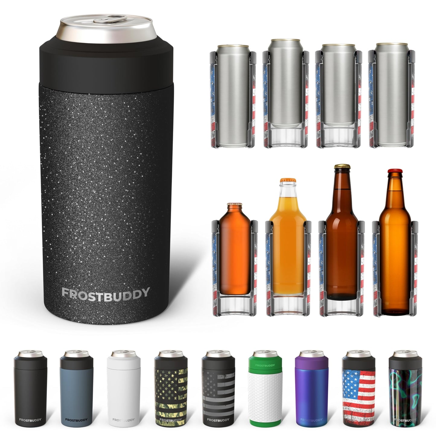 Frost Buddy Universal Buddy Can Cooler - Fits All - For Regular 12 & 16 oz or Slim-Size Bottles - Insulated Double -Walled Stainless Steel (All white)
