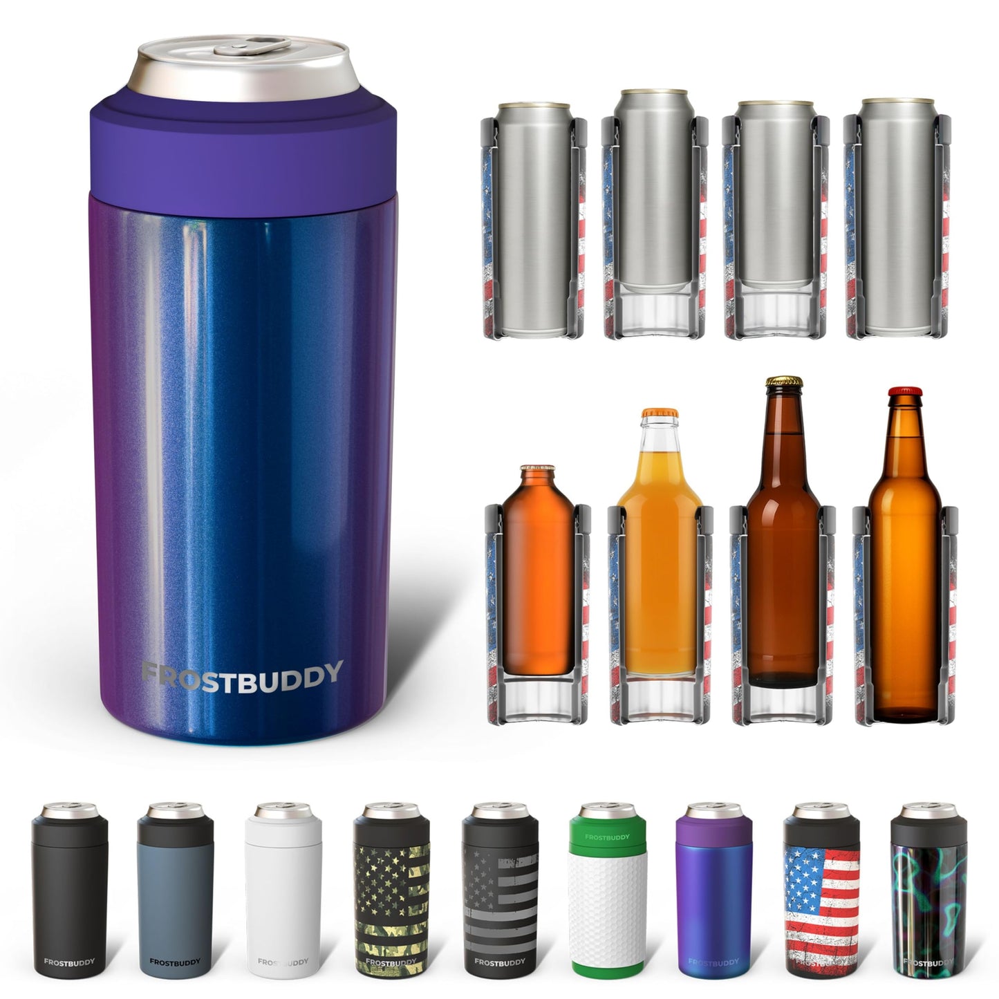 Frost Buddy Universal Buddy Can Cooler - Fits All - For Regular 12 & 16 oz or Slim-Size Bottles - Insulated Double -Walled Stainless Steel (All white)