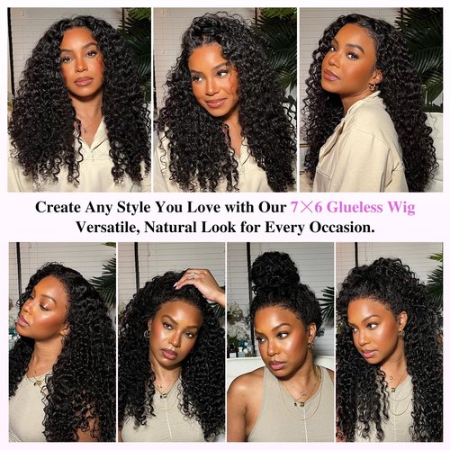 Liqusee 7x6 Burmese Curly Glueless Wigs Human Hair Pre Plucked Pre Cut 250% Density Drawstring Wig for Black Women 7x6 HD Lace Front Wigs Human Hair Glueless Wear and Go Nautural Color 24 Inch