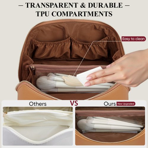 MSTONAL Travel Makeup Bag, Large Capacity Cosmetic Bags for Women, Waterproof Portable Pouch Open Flat Make up Organizer Bag with Dividers and Handle, Toiletry Bag for Essentials, Medium Size, Brown