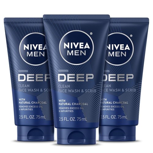 NIVEA MEN Deep Clean Face Wash - Exfoliating Charcoal Formula for Oily Skin | 2.5 Fl Oz Tube, Pack of 3
