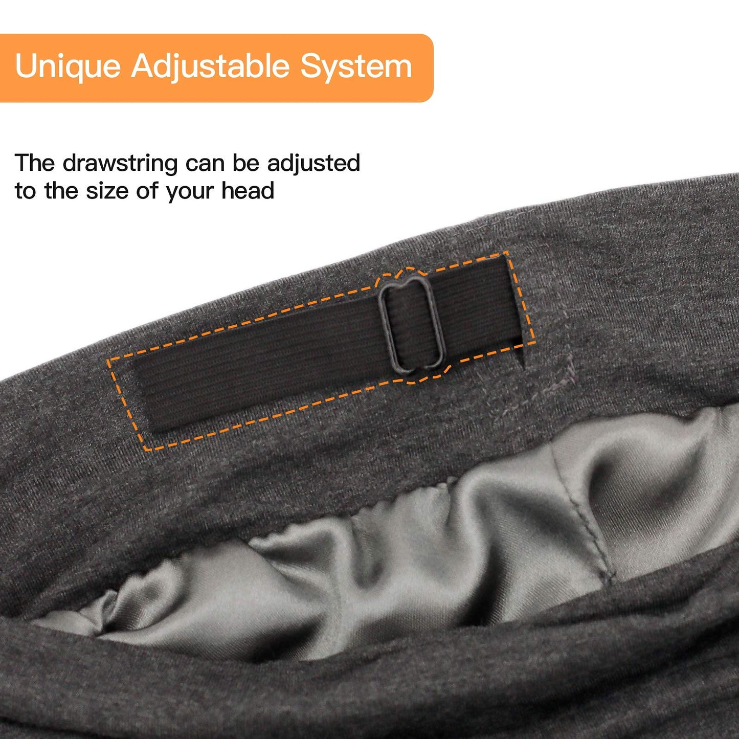 Silk Satin Lined Bonnet Sleep Cap - Adjustable Stay on All Night Hair Wrap Cover Slouchy Beanie for Curly Hair Protection for Women and Men - Solid Dark Grey