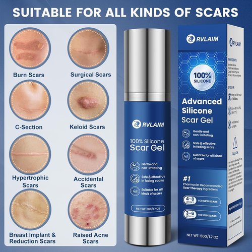100% Silicone Scar Gel Scar Cream, Advanced Silicone Gel for Removal of Surgical, Burns, Acne Scar, Old and Recent Scars and Stretch Marks, 1.7 oz/50ml