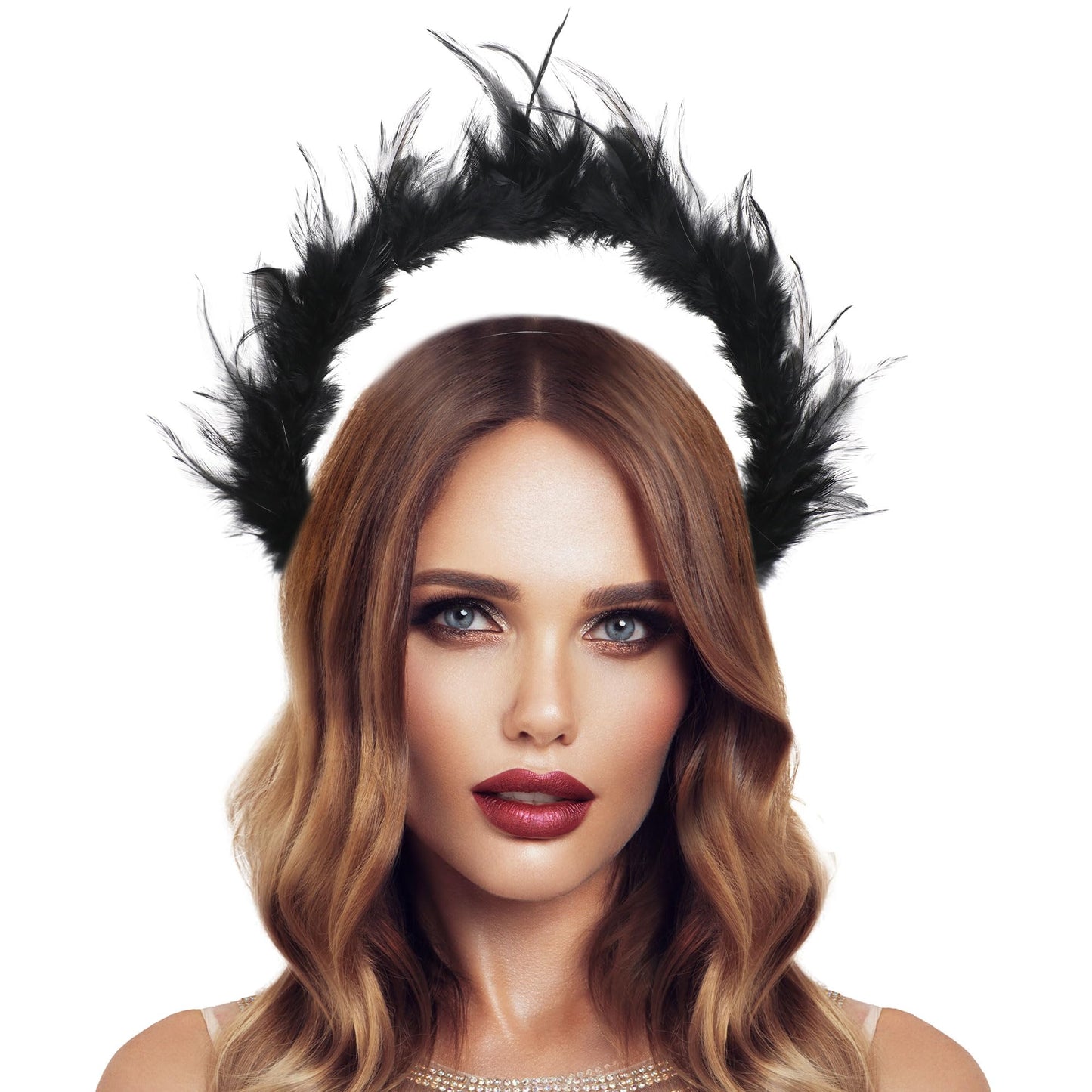 COSUCOS Black Feather Halo Headpiece Crown - Gold Hair Goddess Headband Angel Halo Women Accessories Halloween Fairy Light Costumes Feather Crown