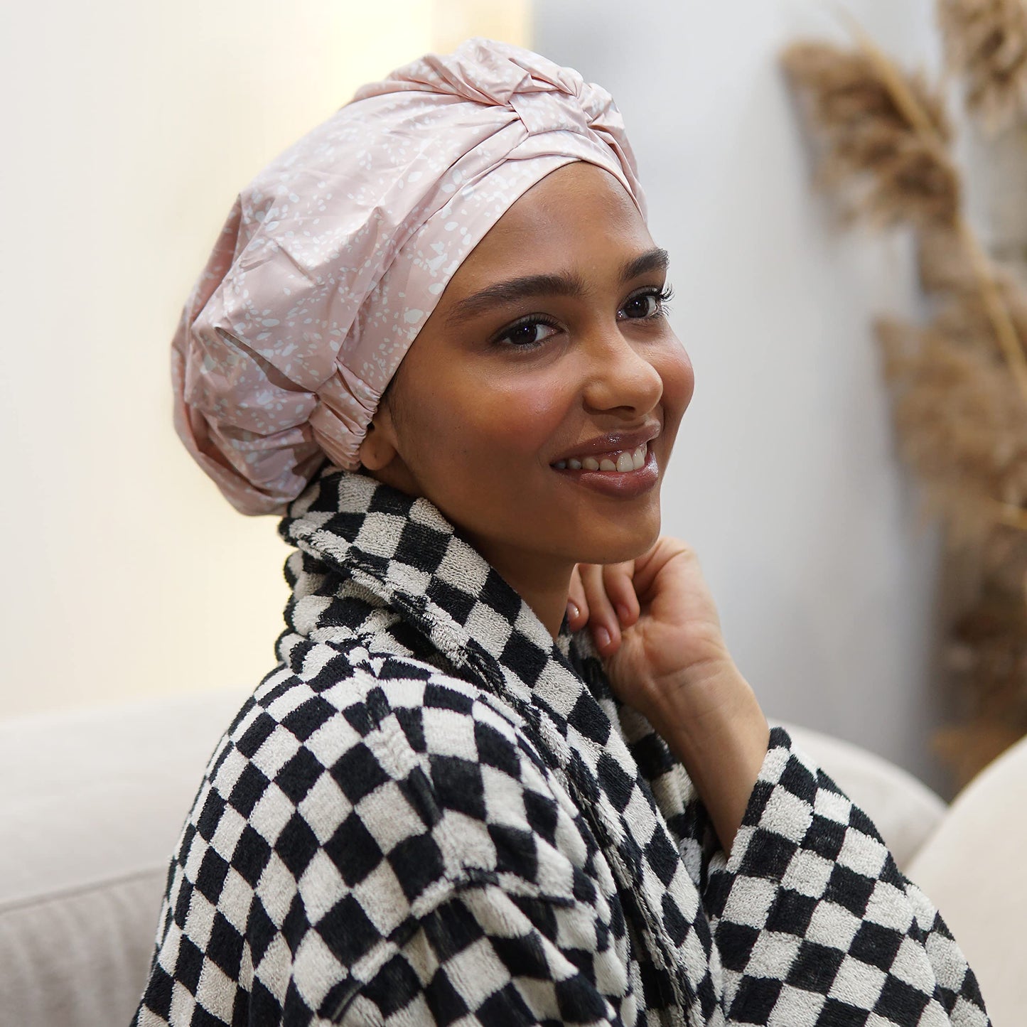 Reusable Shower Cap for Women Reusable Waterproof – Leakproof, Nonslip Hair Cap for Shower w/Comfy Flexiband – Soft, Breathable, Durable Shower Caps by SMPL OBJECTS (Blush)