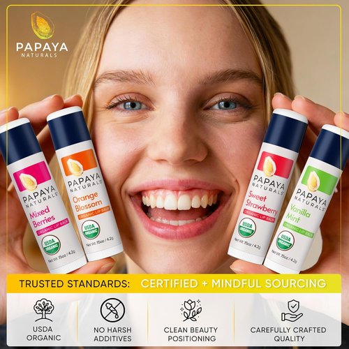 Papaya Naturals Organic Lip Balm Set - 6 Pack of Moisturizing Beeswax & Cocoa Butter Balms | Assorted Fruit Flavors