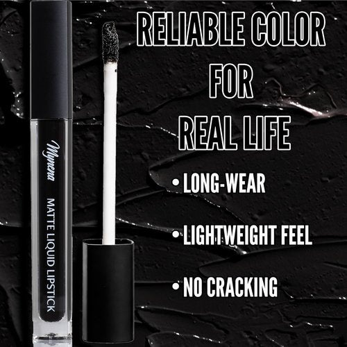 Mynena Jet Black Matte Liquid Lipstick - Long-Lasting, Waterproof, No Smudge Formula | All-Day Wear, Lightweight Comfort