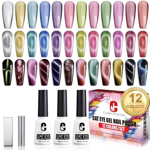 Clara Colors Cat Eye Gel Nail Polish Set - 12 Holographic Glitter Shades with 2 Magnet Sticks | DIY Home Manicure