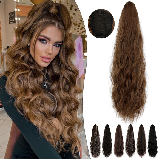 Fanguilar Ponytail Extension 24 Inch Long Curly Wavy Drawstring Ponytail Extension Synthetic Hair Extensions Ponytail for Women Daily Use Light Brown