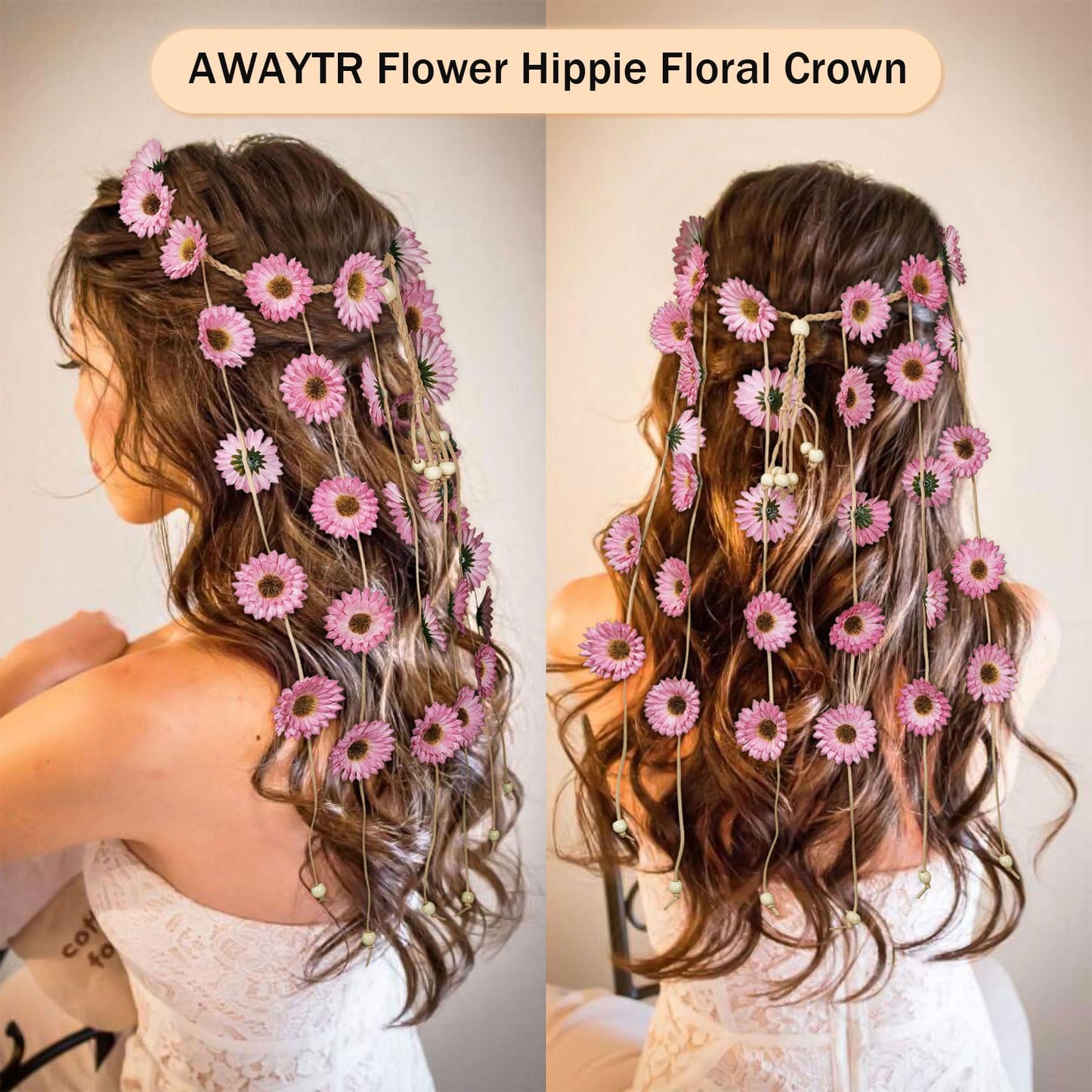 AWAYTR Women's Pink Sunflower Flower Hippie Floral Crown Headband - Adjustable Hair Accessory for Festivals and Costumes