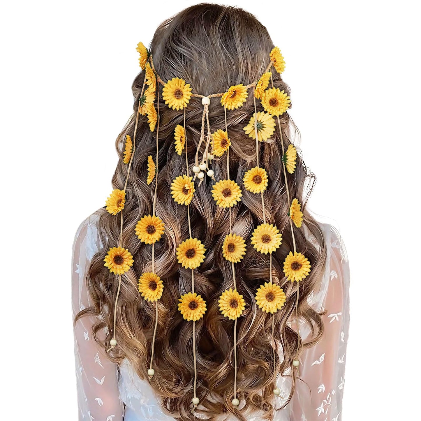 AWAYTR Flower Hippie Floral Crown - Yellow (Adult) - Hairband for Women, Sunflower Headband for Hippie Costume and Hair Accessories, ONE SIZE, HAIRBAND