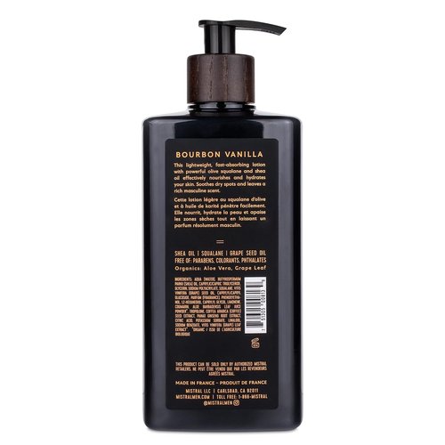 Mistral Bourbon Vanilla Body Lotion for Men - Moisture-Rich, Fast-Absorbing Cream with Shea Oil & Squalane | Paraben-Free, Masculine Scent - 13.5 fl oz