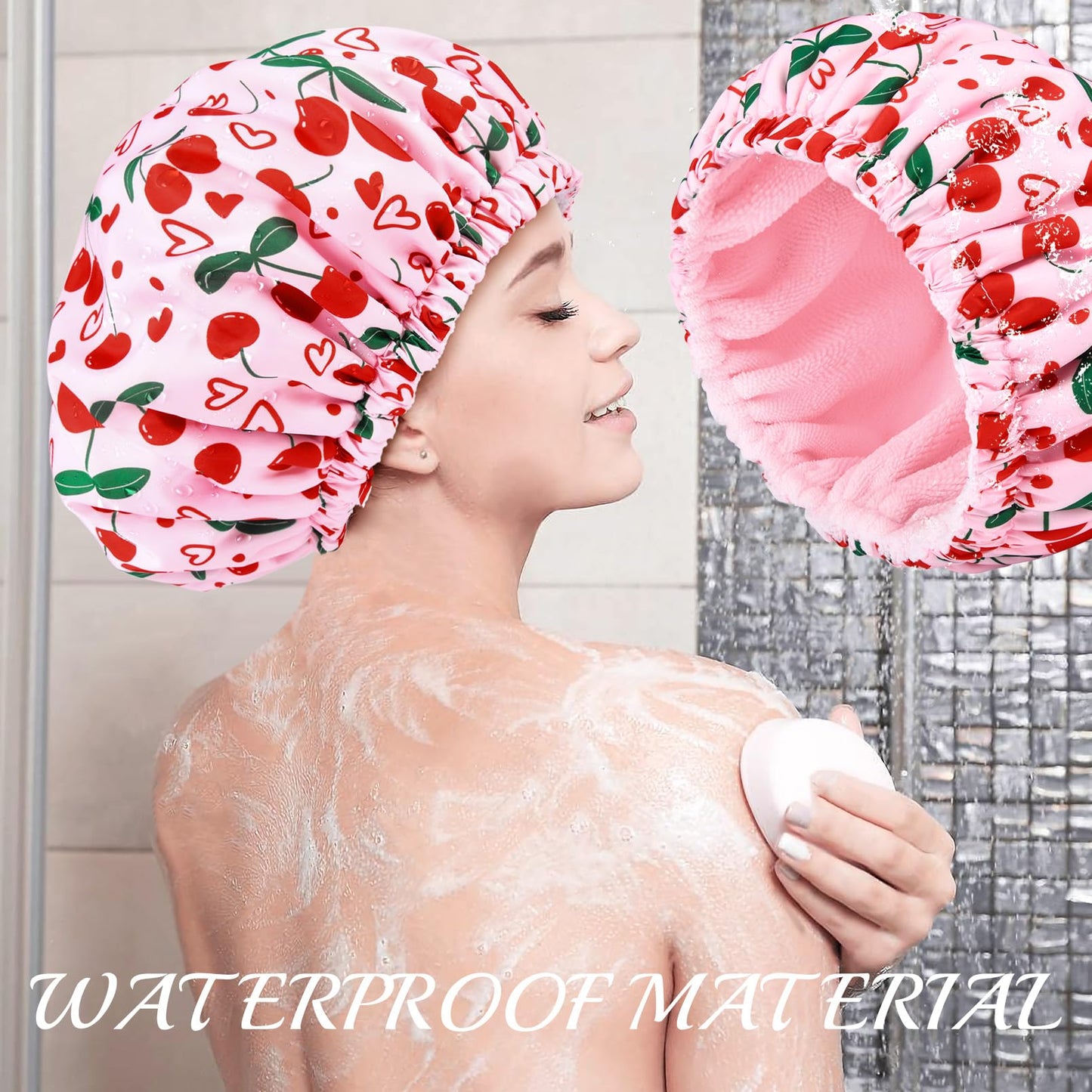 Shower Cap for Women Terry Lined Bath Cap Large Reusable Waterproof Elastic Band Pink Cherry Shower Caps for Long Thick Hair Soft Bath Shower Hair Caps