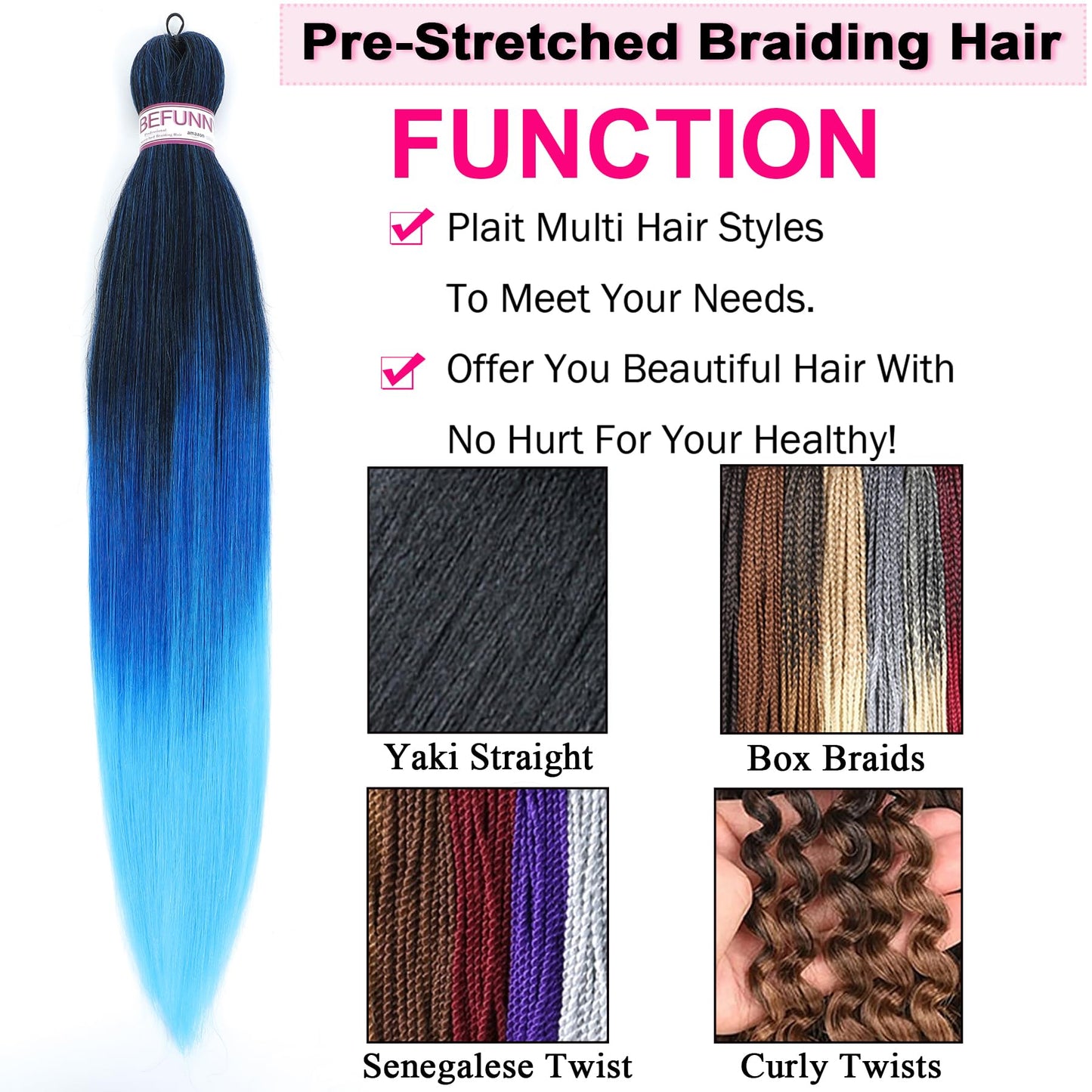 BEFUNNY Braiding Hair,24 Inch 3 Packs Three Tone Blue Pre Stretched Braiding Hair,Prestretched Braiding Hair For Women Hair,Professional Yaki Synthetic Hair Extension(3pcs,Blue/L Blue)