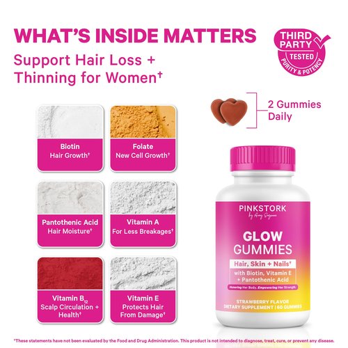 Pink Stork Total Glow Gummies for Women – Hair, Skin & Nails Vitamin with Biotin, Vitamin A, B6, B12, Folate, Zinc & More – Support for Radiant Skin, Strong Nails, and Healthy Hair – 60 Berry Gummies