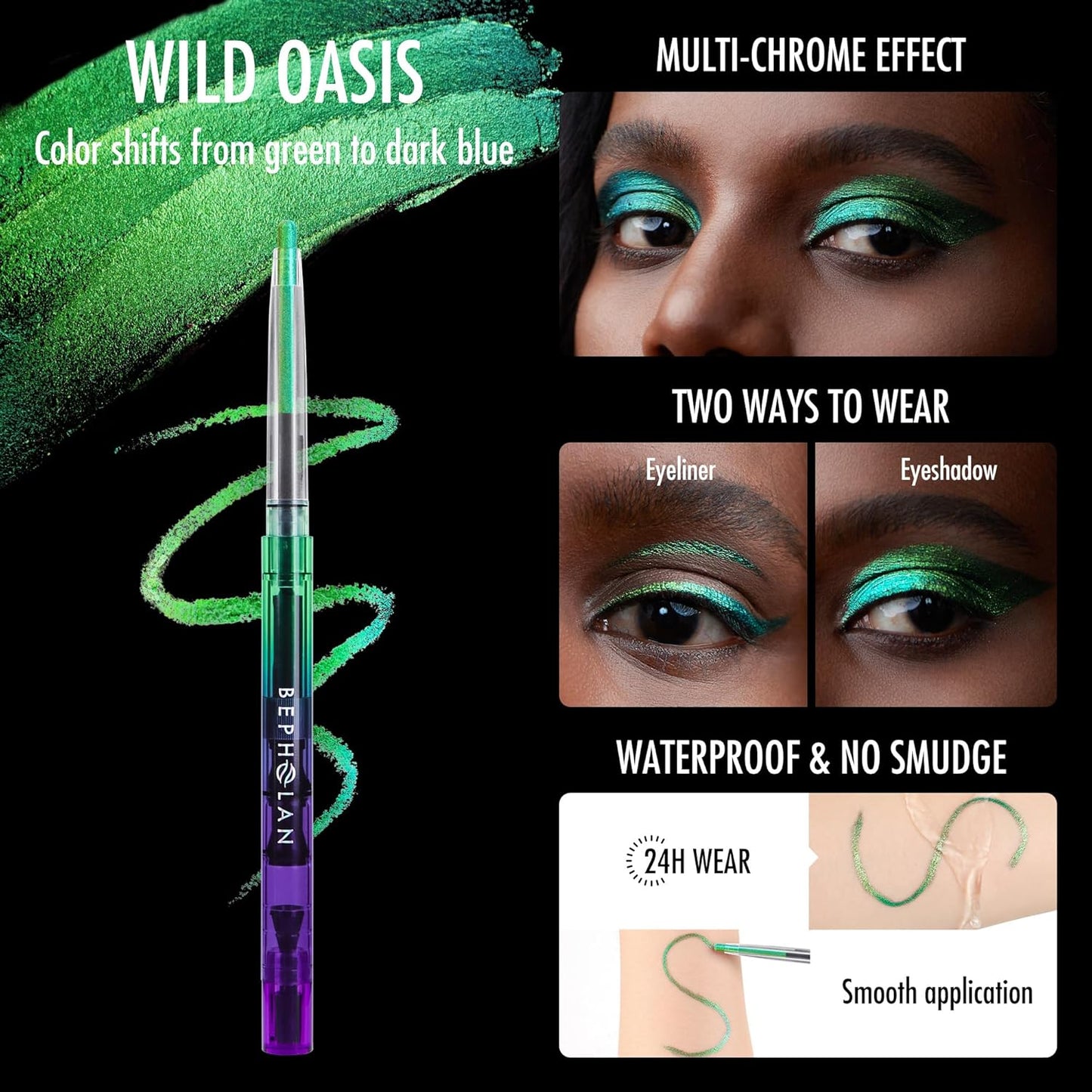 BEPHOLAN Chameleon Metallic Green Eyeliner Pencil - Waterproof, Smudge-Proof & Long-Lasting 24h