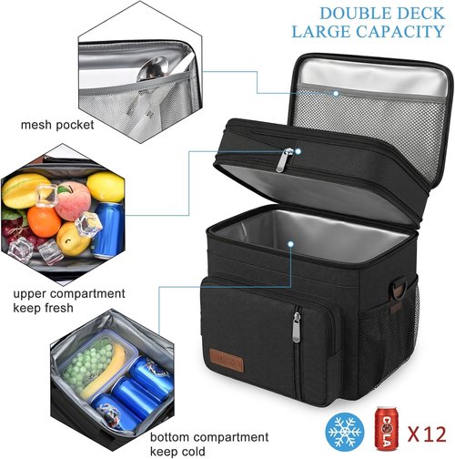 MIYCOO Insulated Lunch Bag - Double Deck Leakproof Cooler for Work & Travel | Large 15L - Black