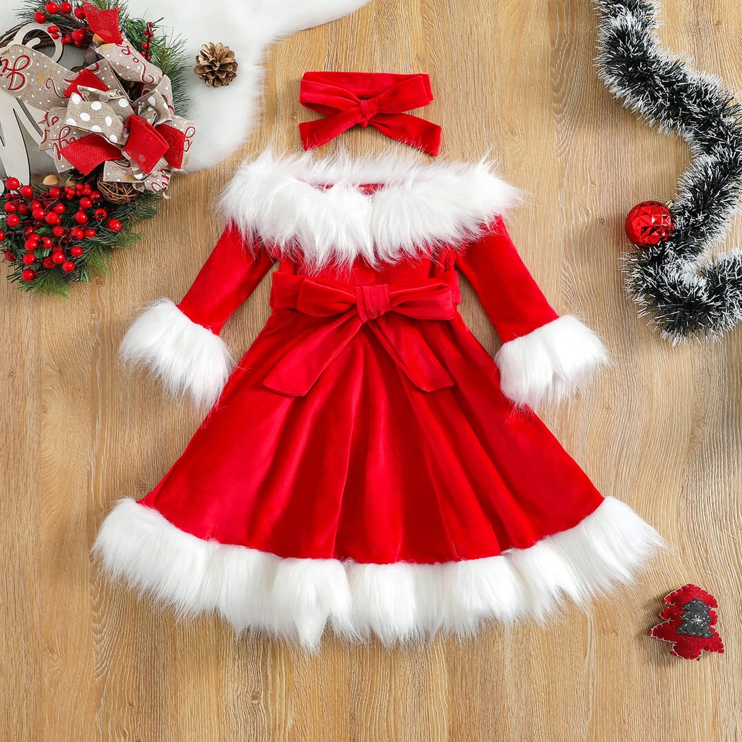 Springcmy Baby Girls Christmas Dress Velvet Santa Claus Dress Long Sleeve Plush Xmas Princess Party Cosplay Costume Dress (I-Red, 4-5 Years)