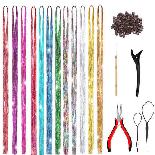 Hair Tinsel Kit,Fairy Tinsel Hair Extensions with Tool 12 Colors 48In 2400 Strands Hair Tinsel Heat Resistant,Glitter Hair Extensions for Women,Hair Accessories for Halloween Christmas Cosplay Party