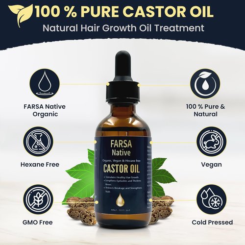 FARSA Native Castor Oil Organic & Vegan, 100 Pure Castor Oil for Hair Growth, Eyelashes, Skin Tightening, Nail Treatment, Natural Cold Pressed Unrefined Hexane-Free & Cruelty-Free Beauty Elixir