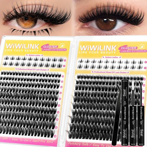 WiWiLINK Wispy Lash Clusters Kit Eyelash Clusters with Bottom Lashes Natural 10-18mm Fluffy 40D 70D Individual Lashes Clusters Wispy Cluster Eyelash Extensions Bond&Seal D Curl DIY Lash Extension Kit