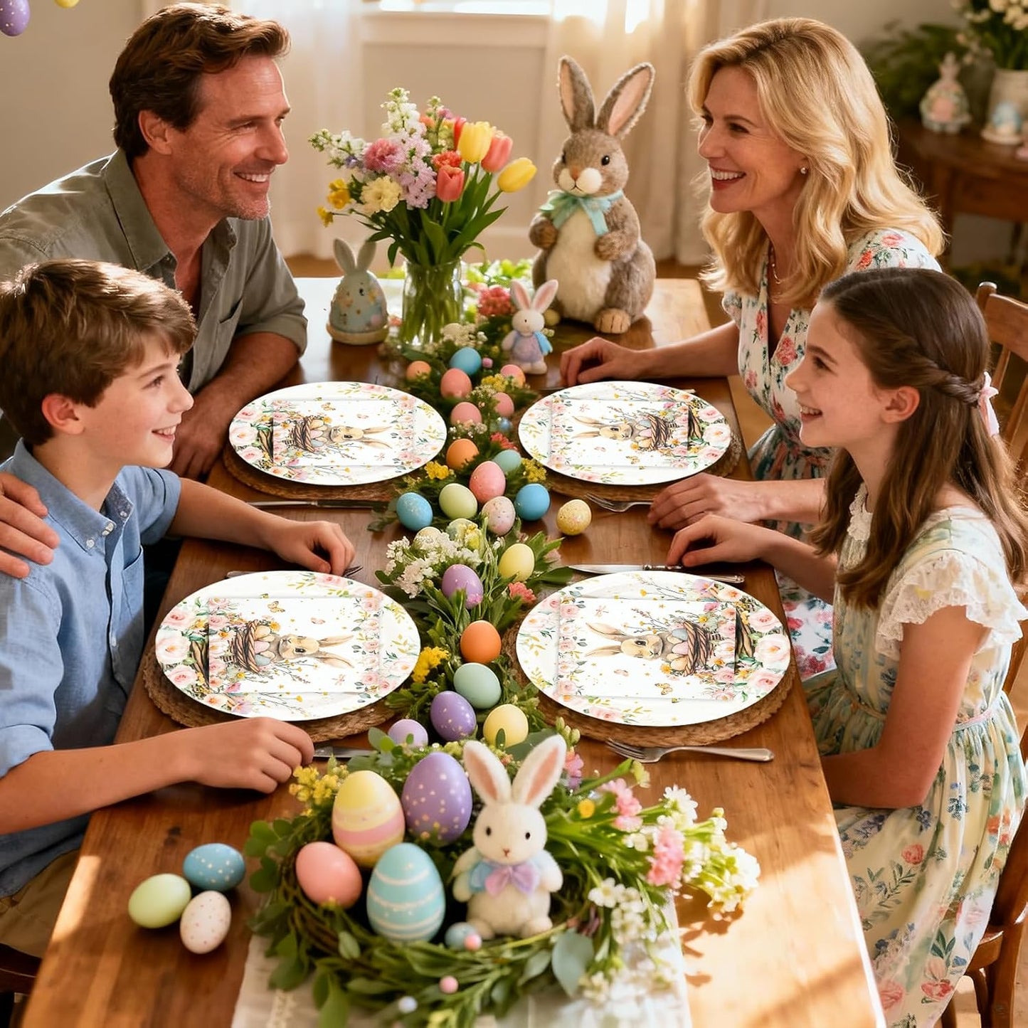 Skiennix Easter Party Plates Set - 40 Pcs 9-Inch Paper Plates & Napkins | Bunny Eggs Floral Design