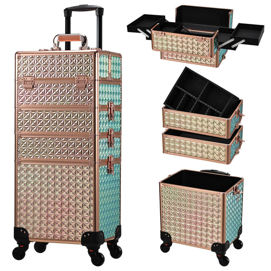 Stagiant Rolling Makeup Train Case Large Storage Cosmetic Trolley 4 in 1 Large Capacity Trolley Makeup Travel Case with Key Swivel Wheels Salon Barber Case Traveling Cart Trunk Shiny Rose Gold