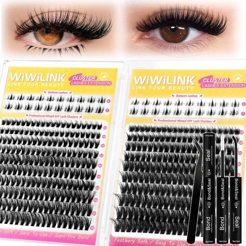 WiWiLINK Wispy Lash Clusters Kit Eyelash Clusters with Bottom Lashes Natural 10-18mm Fluffy 40D 70D Individual Lashes Clusters Wispy Cluster Eyelash Extensions Bond&Seal D Curl DIY Lash Extension Kit