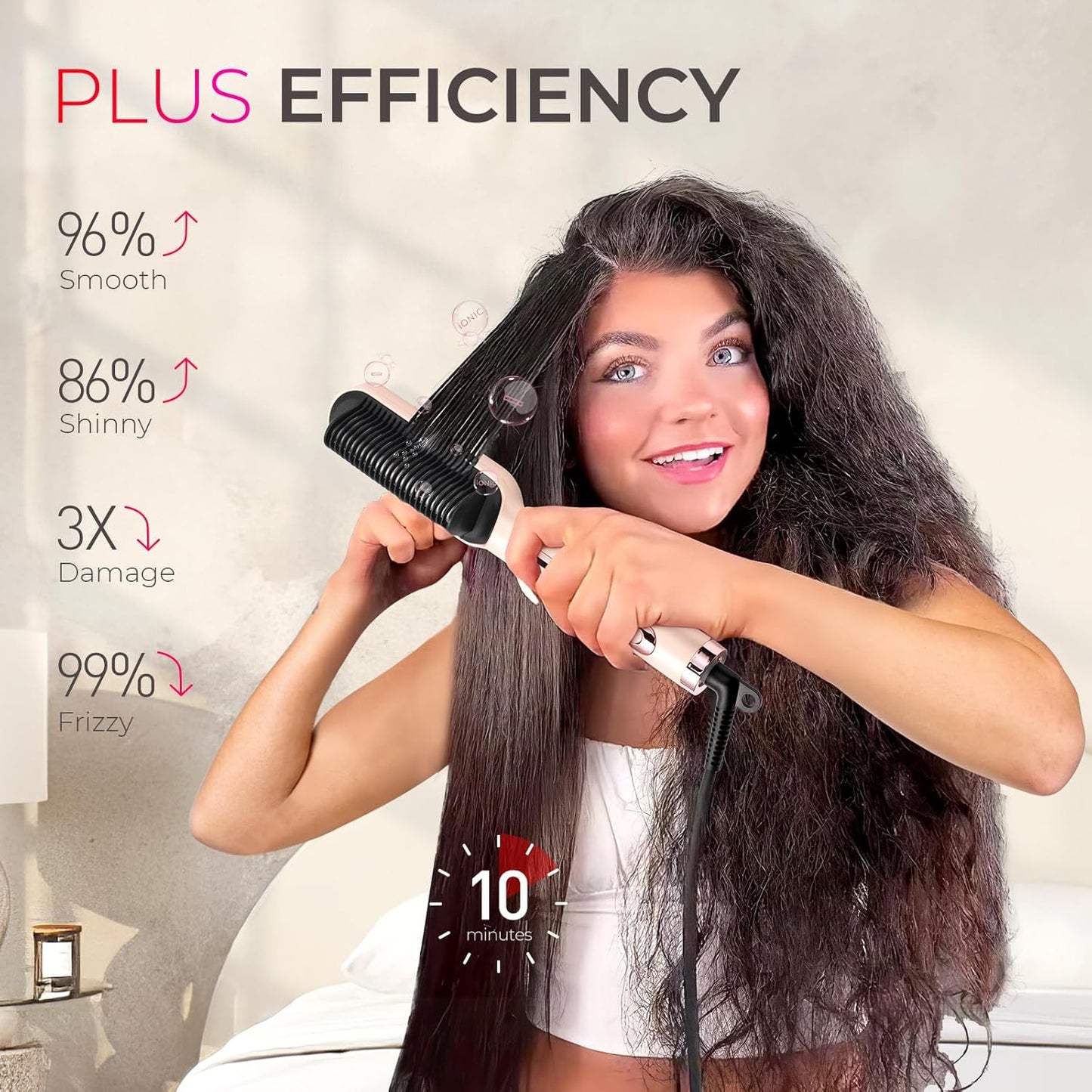 TYMO Ring Plus Ionic Hair Straightener Brush - Professional Styling Tool with 9 Temp Settings & LED Display | Gold Blush