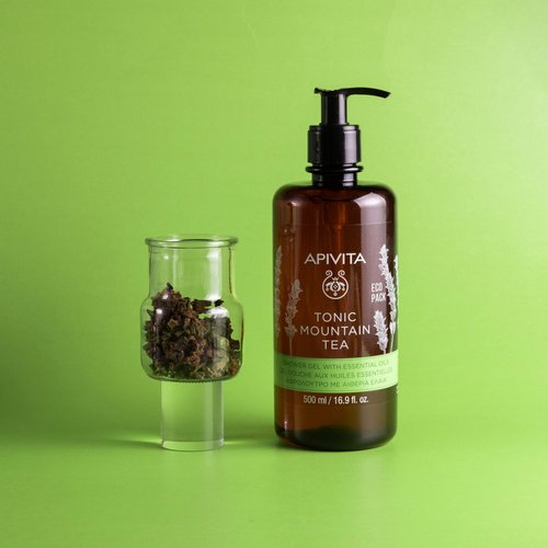 Apivita Tonic Mountain Tea Shower Gel | Gently Cleanses, Revitalizes & Preserves Moisture with Mountain Tea, Propolis & Essential Oils, 500 mL / 16.9 oz