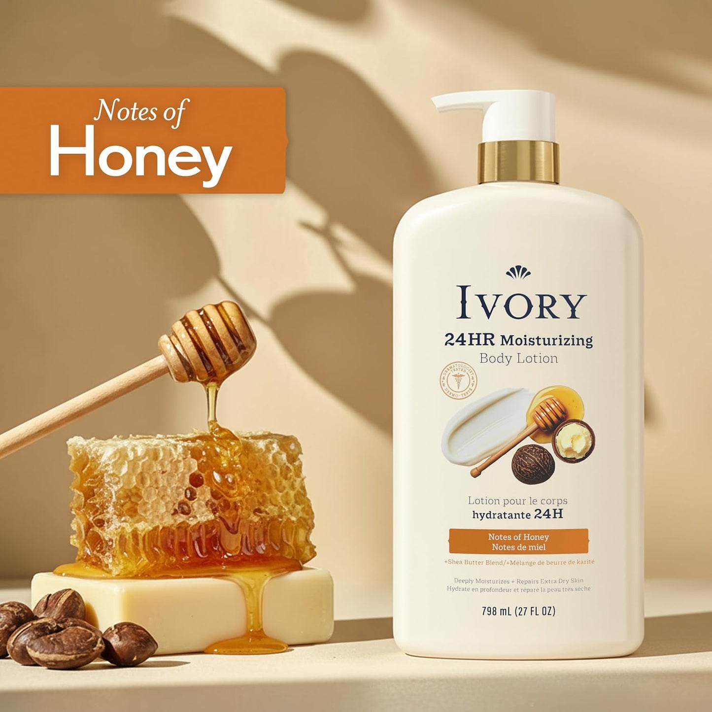 **Ivory Hand & Body Lotion - 24hr Moisturizing Formula for Extra Dry Skin | Lightweight, Honey Scent, 27 fl oz**