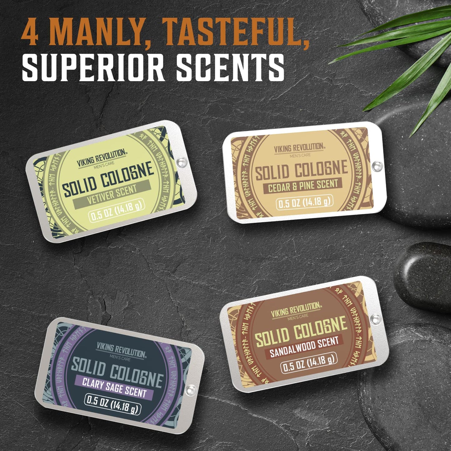 Viking Revolution Solid Cologne 4-Pack - Travel-Friendly Men's Perfume with Cedar Wood, Clary Sage, Vetiver & Sandalwood - 0.5 Oz Each