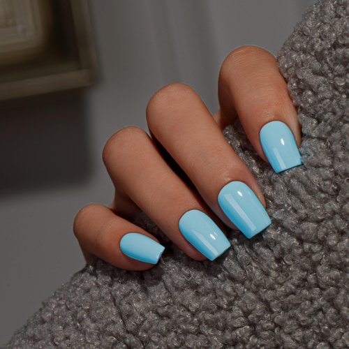 KQueenest Light Blue Press On Nails Medium Square - Acrylic Press On Nails Short Coffin, Sheer Soft Blue Fake Nails with Glue, Glossy Opaque, Reusable Soft Gel Glue on Nails for Women, 28 Pcs
