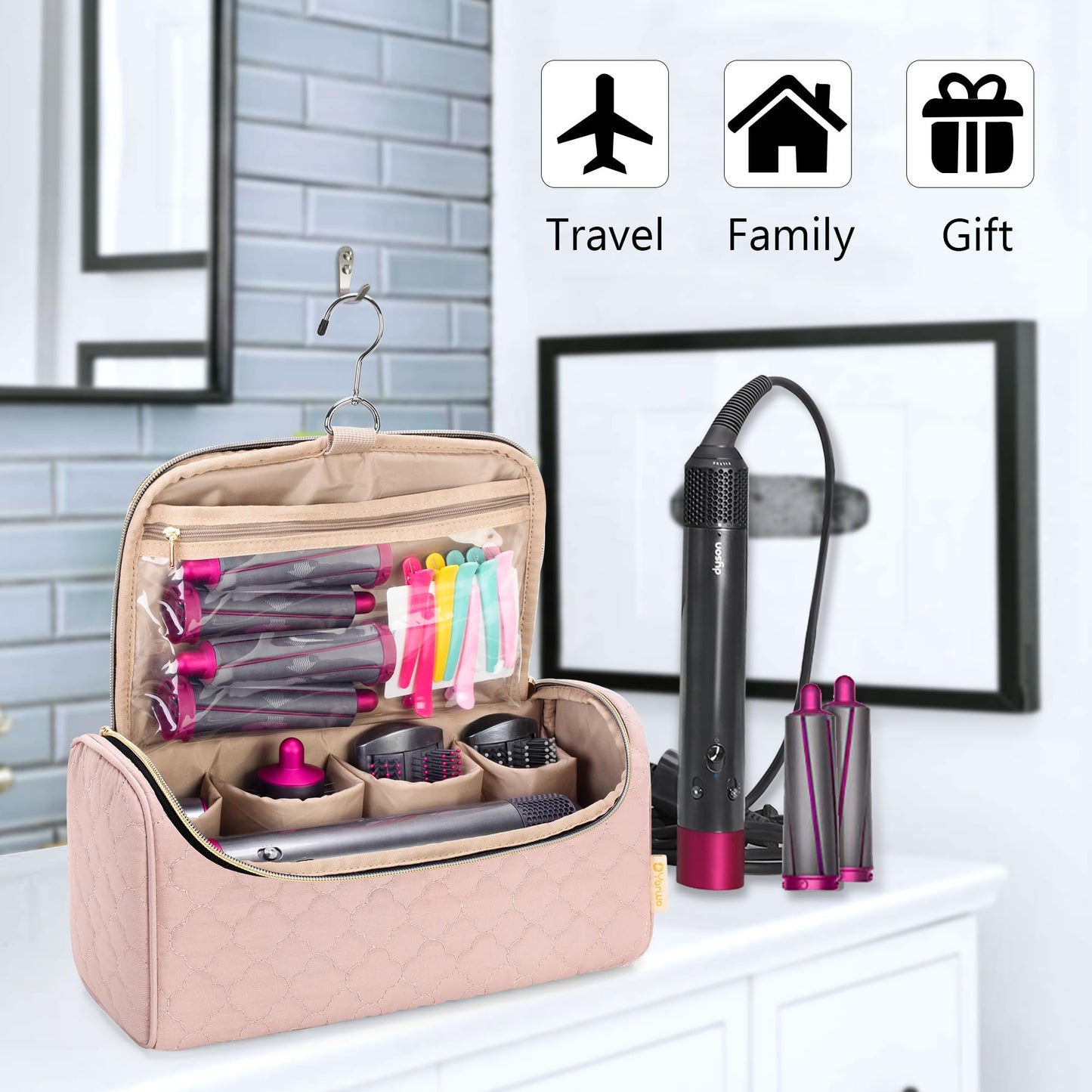 Yarwo Travel Case Compatible for Dyson Airwrap Complete Styler All Models and Attachments, Portable Storage Bag with Hanging Hook for Hair Curler Accessories, Pale Mauve (Patent Design)