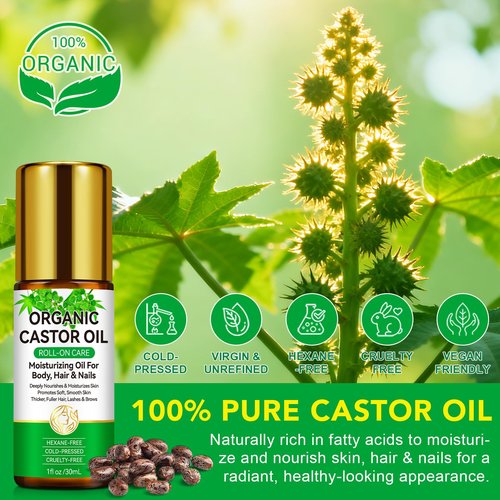 Acorn + Oak Organic Castor Oil 1 fl.oz,100% Pure Cold Pressed for Hair Growth, Eyebrows & Eyelashes – Natural Moisturizer for Skin & Nails – Roll-On Glass Bottle, Multi-Purpose Care