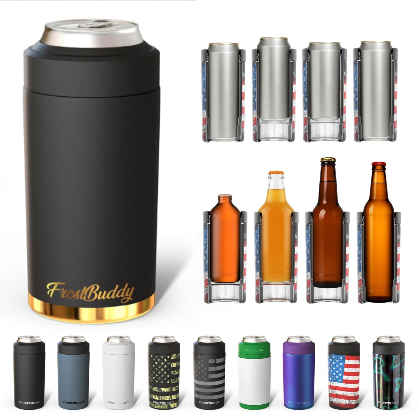 Frost Buddy Universal Buddy Can Cooler - Fits All - For Regular 12 & 16 oz or Slim-Size Bottles - Insulated Double -Walled Stainless Steel (All white)
