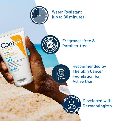CeraVe Hydrating Sheer Sunscreen SPF 30 - Mineral & Chemical Formula with Zinc Oxide, 3 Ounces