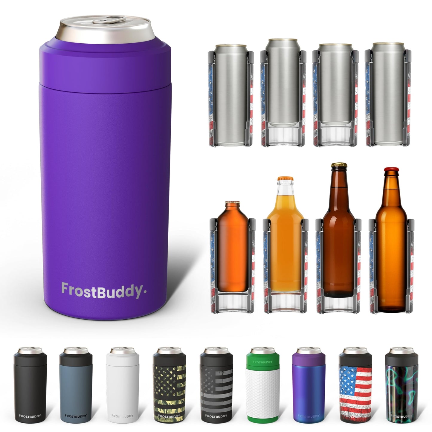 Frost Buddy Universal Buddy Can Cooler - Fits All - For Regular 12 & 16 oz or Slim-Size Bottles - Insulated Double -Walled Stainless Steel (All white)