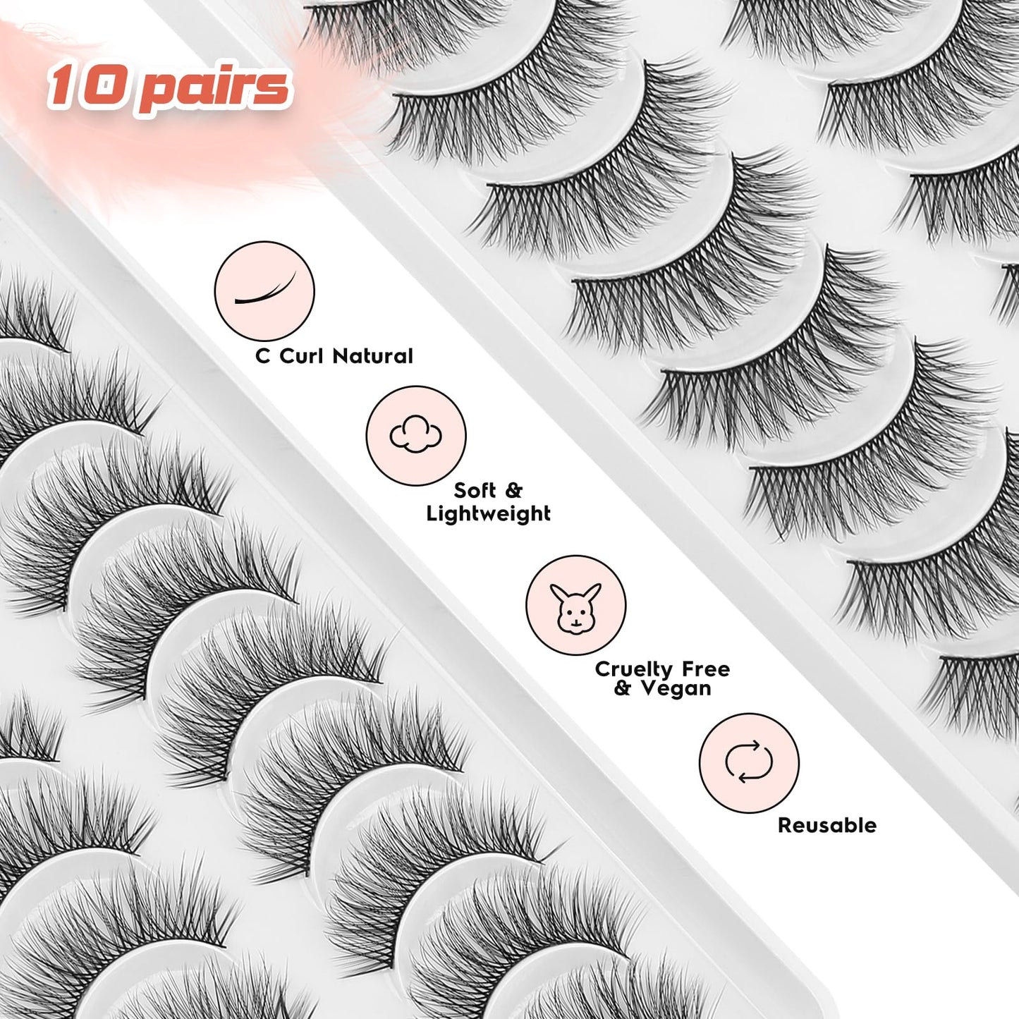 Natural Lashes Wispy False Eyelashes Short Lashes Soft Strip Lashes C Curl Eye Lashes Natural 10mm Short Eyelashes 10 Pair Eye Lashes Pack Siligli