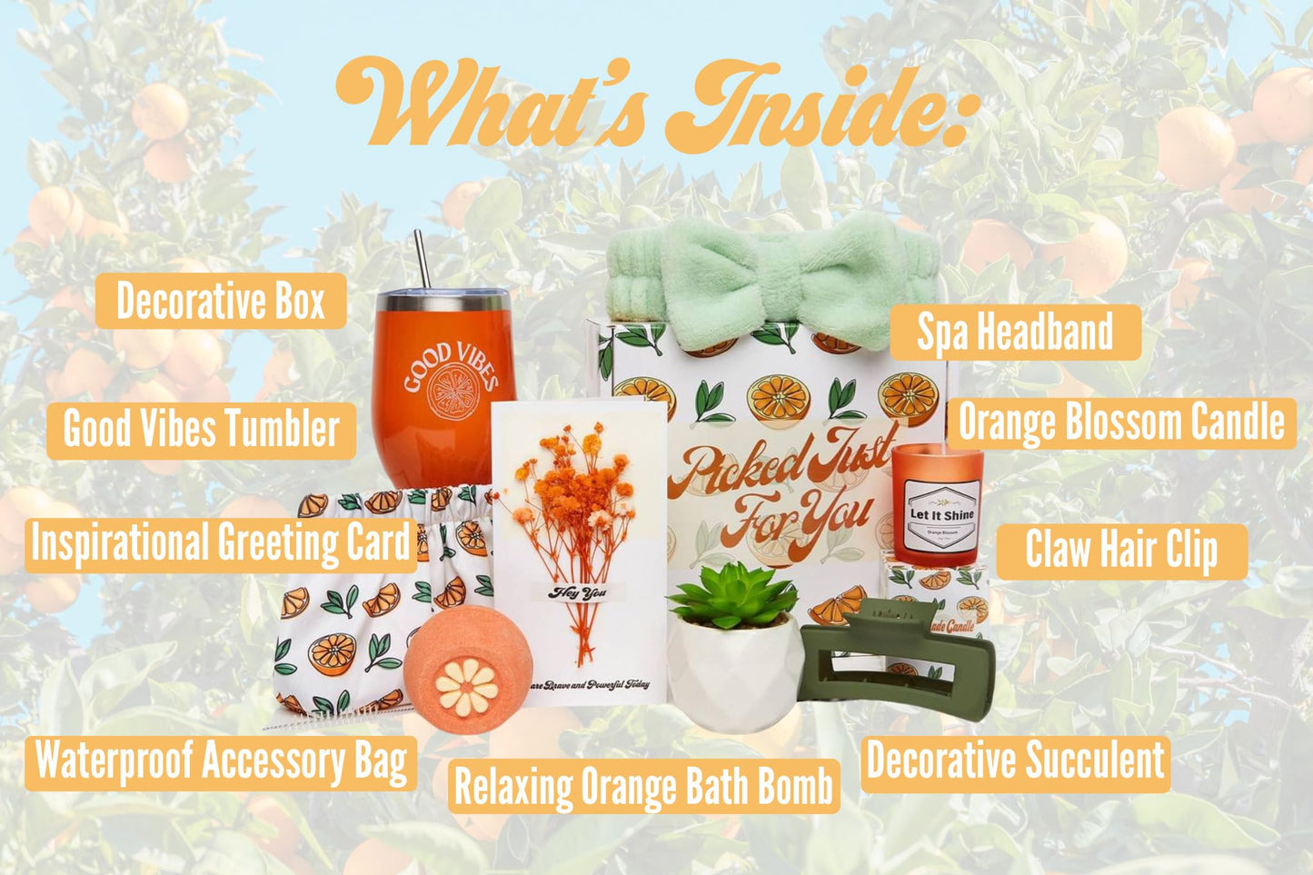 Sunny&Wise Orange Themed Gift Baskets for Women - Designed in USA - Care Package, Self Care Gifts, Get Well Soon, Thinking of You