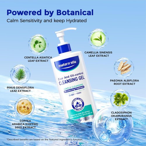 Matern'ella Cleansing Gel - Oil-Control Facial Cleanser for Sensitive Skin | Hydrating Daily Face Wash, 13.4 Oz