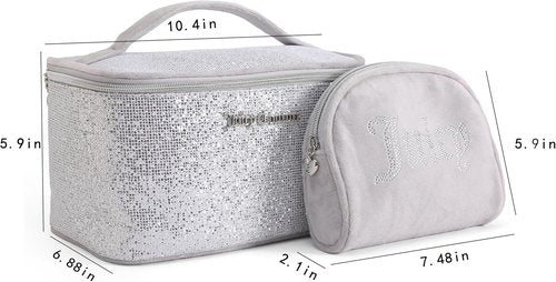 Juicy Couture Silver Sparkle Makeup Bag Set - Travel Essentials Organizer with Glitter Velour Finish